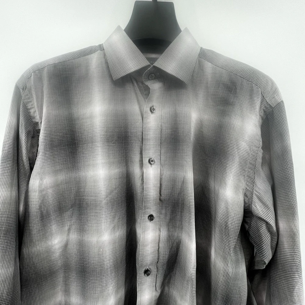 Thomas Dean Men's Shirt L Black Gray Gradient Plaid Long Sleeve Button Front‎